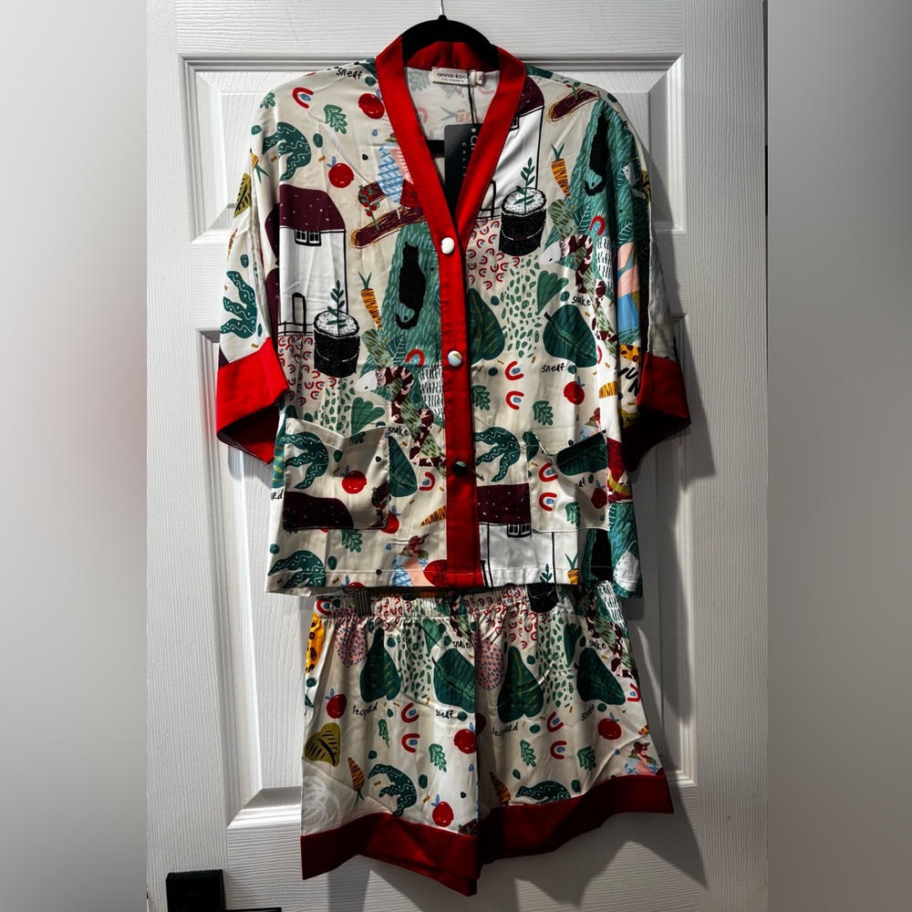 Anna-Kaci Women's Printed Pajama Top & Shorts Set w/ Red Trim Lounge Size XL NWT